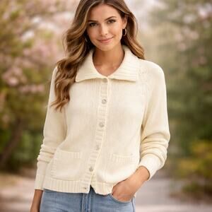 Lands' End VTG SZ L 100% Cotton Cardigan Sweater Cream Mother of Pearl Buttons